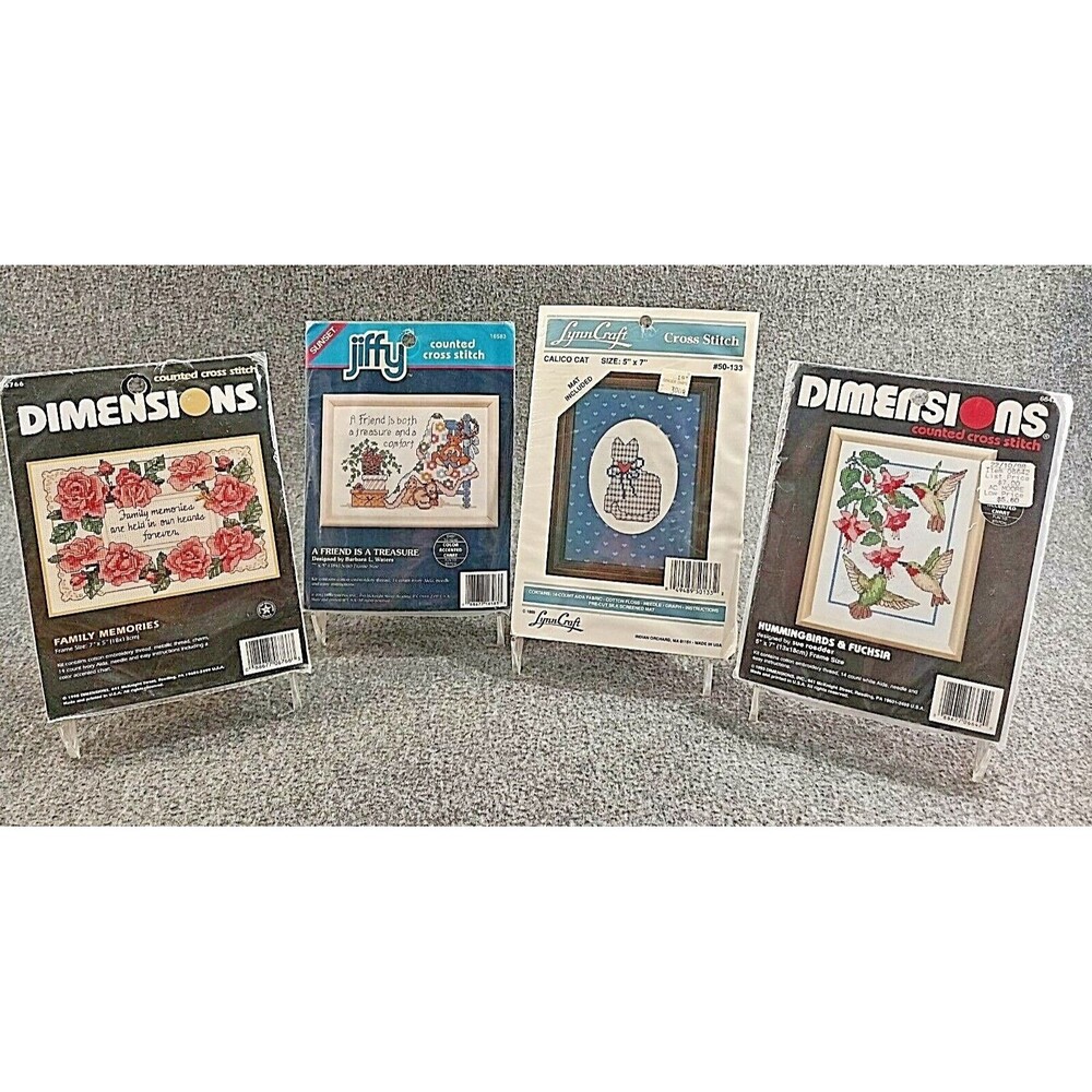 4 Vintage Counted Cross Stitch Kits - Family Memories Hummingbirds Cat Friends